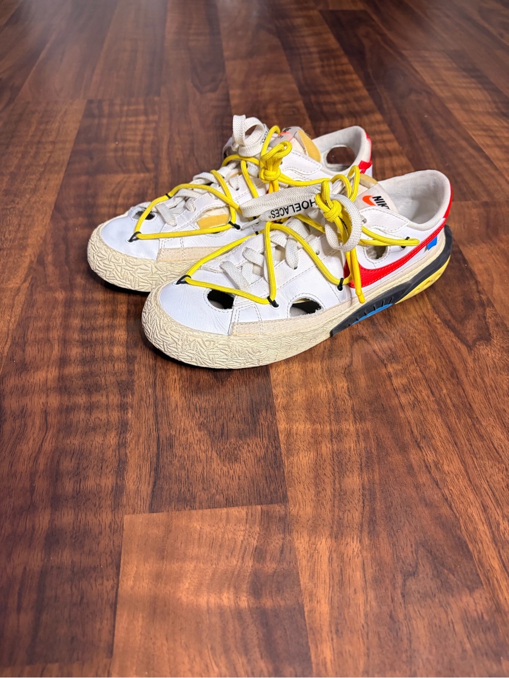 Off-White racers Men's White Sneakers with Yellow Laces and Red/Blue Accents